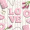 Pink letters LOVE, romantic motive, inspired by flat lay style, illustration