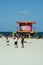 Pink lifeguard stand on South Beach in Miami