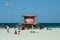 Pink lifeguard stand on South Beach in Miami