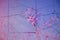 Pink lilac background surface, photomontage of wall, hatch and f