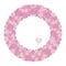 Pink and lilac lush thick vector wreath made from elements of flowers and hearts with a heart-shaped tablet on a stick object isol