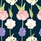 Pink and lilac tulips Seamless pattern Dark background