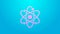Pink line Atom icon isolated on blue background. Symbol of science, education, nuclear physics, scientific research. 4K