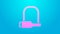 Pink line Bicycle lock U shaped industrial icon isolated on blue background. 4K Video motion graphic animation