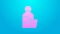 Pink line Bottle of medicine syrup and dose measuring cup solid icon isolated on blue background. 4K Video motion