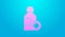 Pink line Bottle of medicine syrup icon isolated on blue background. 4K Video motion graphic animation