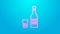 Pink line Bottle of vodka with glass icon isolated on blue background. 4K Video motion graphic animation
