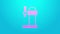 Pink line Dispenser beer icon isolated on blue background. Beer wide tower with tap. 4K Video motion graphic animation