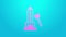 Pink line High striker attraction with big hammer icon isolated on blue background. Attraction for measuring strength