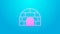 Pink line Igloo ice house icon isolated on blue background. Snow home, Eskimo dome-shaped hut winter shelter, made of