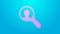 Pink line Magnifying glass for search a people icon isolated on blue background. Recruitment or selection concept