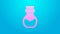 Pink line Poison in bottle icon isolated on blue background. Bottle of poison or poisonous chemical toxin. 4K Video