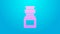 Pink line Poison in bottle icon isolated on blue background. Bottle of poison or poisonous chemical toxin. 4K Video