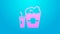 Pink line Popcorn in cardboard box and paper glass with drinking straw and water icon isolated on blue background. Soda