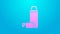 Pink line Thermos container icon isolated on blue background. Thermo flask icon. Camping and hiking equipment. 4K Video