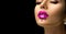 Pink Lipstick dripping. Paint drops on red lips, lipgloss dripping from sexy lips, Purple liquid drops on beautiful model girl`s m