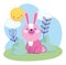 Pink little rabbit sitting grass sky nature cartoon cute text