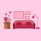 Pink living room pink background sofa plant pots photo frame and lamps