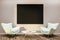 Pink living room, white armchairs, black poster