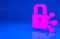 Pink Lock with bitcoin icon isolated on blue background. Cryptocurrency mining, blockchain technology, security, protect