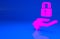 Pink Lock in hand icon isolated on blue background. Padlock sign. Security, safety, protection, privacy concept