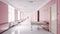 Pink Long hospital bright corridor with rooms and seats