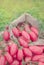 Pink long tomatoes in canvas bag. Fresh long tomato on a wooden table.