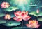 Pink lotus blooms and floats in the lake on shiny background Generative AI