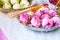 Pink Lotus flower, incense sticks and candles set for praying buddha