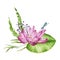 Pink lotus and lush wild meadow flowers watercolor design spring bouquet. Lotus with dragonfly. Floral bright watercolor