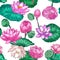 Pink lotus seamless pattern. Gentle water lily flowers, pink lotus. Decorative tropical design for ayurveda care