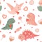 Pink love dinosaurs seamless pattern for Valentines day. Funny cartoon dino with sweets, candy, hearts repeat background