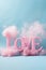 Pink LOVE text amidst ethereal clouds on a blue backdrop.