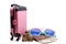 Pink luggage, Thai money stack of coin, banknotes, passport and