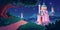 Pink magic castle, princess fairy palace at night