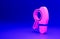 Pink Magnifying glass with footsteps icon isolated on blue background. Detective is investigating. To follow in the