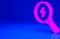 Pink Magnifying glass with lightning bolt icon isolated on blue background. Flash sign. Charge flash. Thunder bolt
