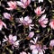 Pink magnolia flowers on a twig on black background. Seamless pattern. Watercolor painting. Hand drawn.