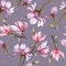 Pink magnolia flowers on a twig on grey background. Seamless pattern. Watercolor painting. Hand drawn.