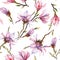 Pink magnolia flowers on a twig on white background. Seamless pattern. Watercolor painting. Hand drawn.