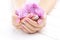 Pink manicure with chrysanthemum flowers. spa