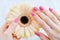 Pink manicure and delicate daisy flower