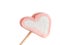 Pink marshmallow on a skewer close up white background, One heart marshmallows on a stick ready to fry, Sweets in the