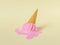 Pink melted gelato in waffle cone fallen on beige surface