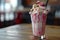 Pink milkshake with raspberries and whipped cream, indulgent treat