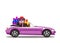 Pink modern cartoon cabriolet car full of gift boxes isolated on