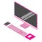 Pink modern flat computer desktop isometric illustration for info graphic design.
