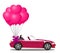 Pink modern opened cartoon cabriolet car with bunch of rose ball