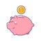 Pink money piggy bank with falling golden coin.