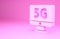 Pink Monitor with 5G new wireless internet wifi icon isolated on pink background. Global network high speed connection
